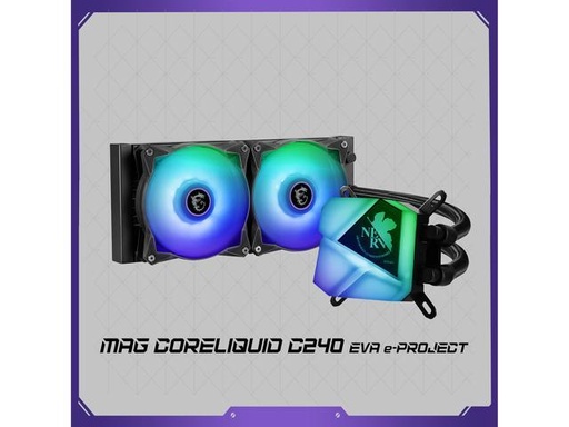 Tarjeta de video MSI MAG Core Liquid C240 EVA e-PROJECT AIO Liquid CPU Cooler, 240mm Radiator, Dual 120mm PWN Fans, ARGB lighting controled by software, AM5 Compatible